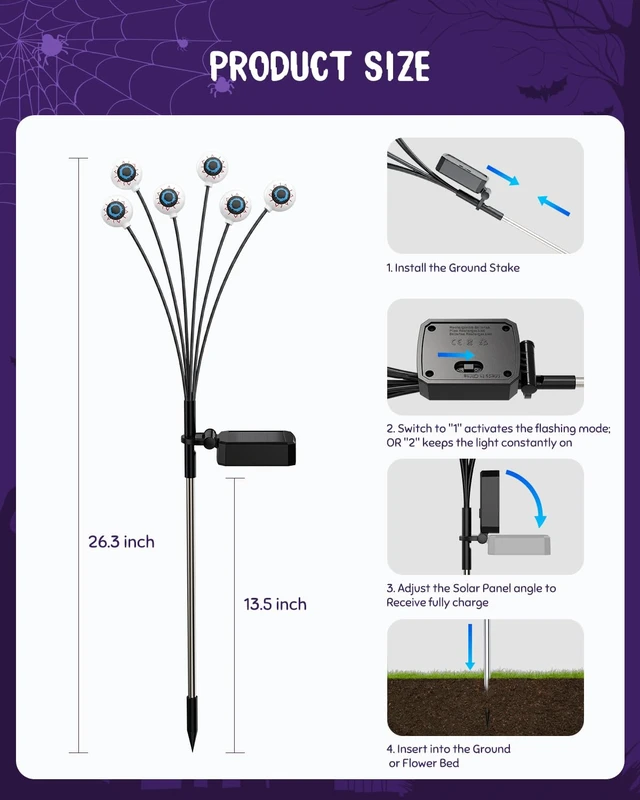 Alt view image 7 of 7 - 6 Pack 36 LED Halloween Solar Scary Eyeball Light Outdoor Decoration | Purple Auto On Off Waterproof Twinkle Spooky Landscape Stake Lamp for Garden Path Flowerbed Decor with Steady&Soft Dual Modes