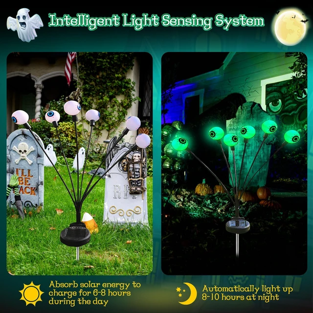 Alt view image 2 of 7 - Outdoor Halloween Decorations - Swaying Solar Eyeball Lights, 2PCS 12LED Firefly Lights, 2 Mode Waterproof Path Lights for Yard, Garden, Lawn, and Party Decor (Green)