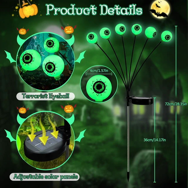 Alt view image 4 of 7 - Outdoor Halloween Decorations - Swaying Solar Eyeball Lights, 2PCS 12LED Firefly Lights, 2 Mode Waterproof Path Lights for Yard, Garden, Lawn, and Party Decor (Green)