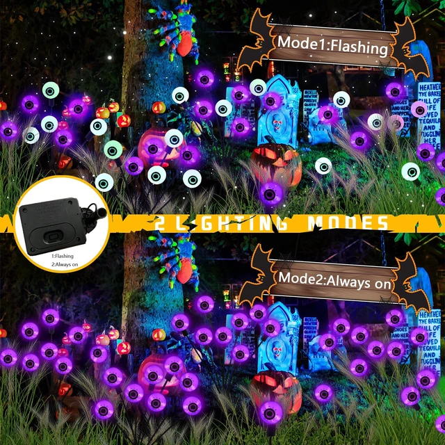 Alt view image 4 of 7 - Halloween Decorations Outdoor Solar Scary Eyeball Lights 2 Pack 16LED | Eyeball Swaying Firefly Lights Waterproof, 2 Modes Solar Lights for Yard/Garden/Lawn/Party Halloween Decor(Purple)