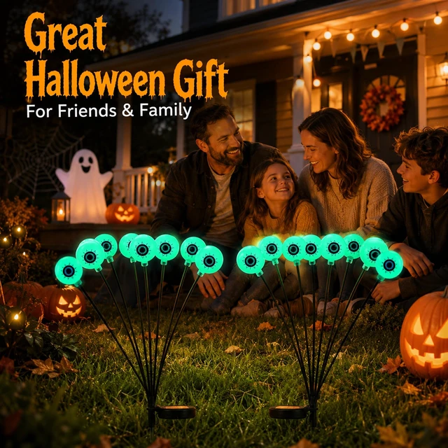 Alt view image 2 of 7 - Halloween Solar Scary Eyeball Pathway Lights: 2 Pack 16 LEDs | 27.5In, IP65 Waterproof,Halloween Decor, Green Eyeball Swaying Lights, Solar Path Lights for Garden/Patio/Party Decor