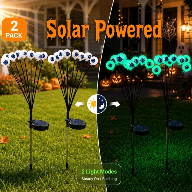 Alt view image 5 of 7 - Halloween Solar Scary Eyeball Pathway Lights: 2 Pack 16 LEDs | 27.5In, IP65 Waterproof,Halloween Decor, Green Eyeball Swaying Lights, Solar Path Lights for Garden/Patio/Party Decor
