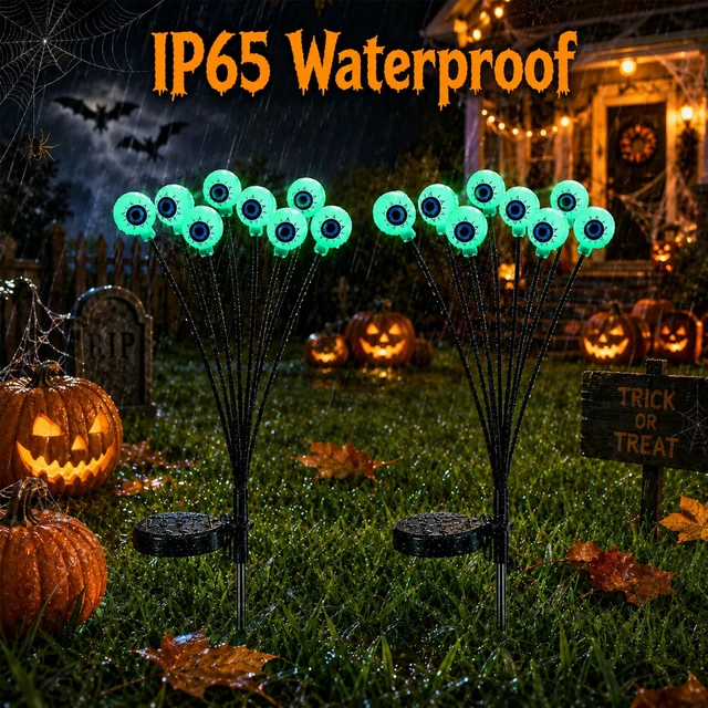 Alt view image 6 of 7 - Halloween Solar Scary Eyeball Pathway Lights: 2 Pack 16 LEDs | 27.5In, IP65 Waterproof,Halloween Decor, Green Eyeball Swaying Lights, Solar Path Lights for Garden/Patio/Party Decor