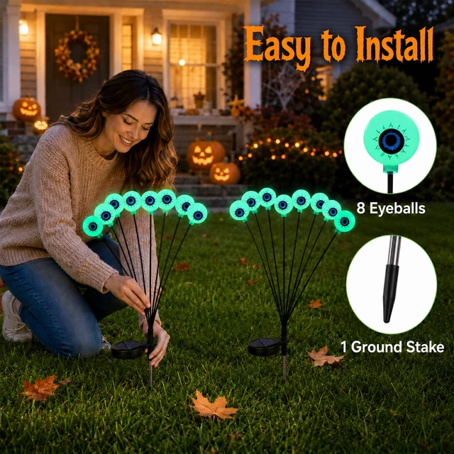 Alt view image 7 of 7 - Halloween Solar Scary Eyeball Pathway Lights: 2 Pack 16 LEDs | 27.5In, IP65 Waterproof,Halloween Decor, Green Eyeball Swaying Lights, Solar Path Lights for Garden/Patio/Party Decor