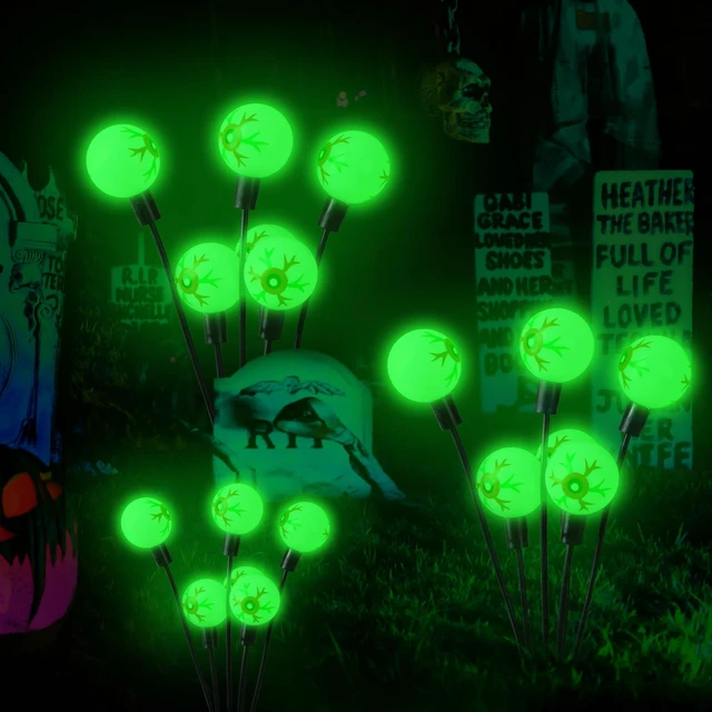 Alt view image 2 of 7 - Solar Halloween Lights, 2 Pack, 12LED Green Eyeball Swaying Lamps | Outdoor Halloween Decorations, Garden Decor, Yard, Lawn, Party Decorations