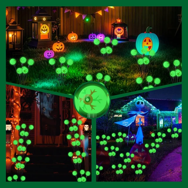 Alt view image 3 of 7 - Solar Halloween Lights, 2 Pack, 12LED Green Eyeball Swaying Lamps | Outdoor Halloween Decorations, Garden Decor, Yard, Lawn, Party Decorations