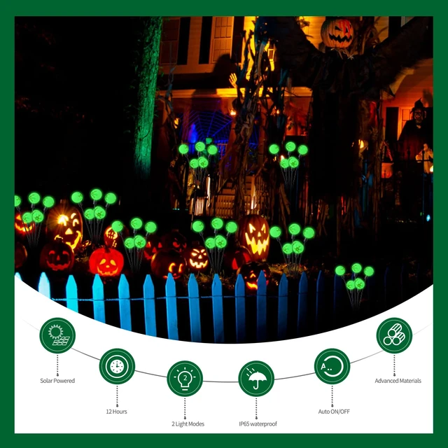 Alt view image 4 of 7 - Solar Halloween Lights, 2 Pack, 12LED Green Eyeball Swaying Lamps | Outdoor Halloween Decorations, Garden Decor, Yard, Lawn, Party Decorations