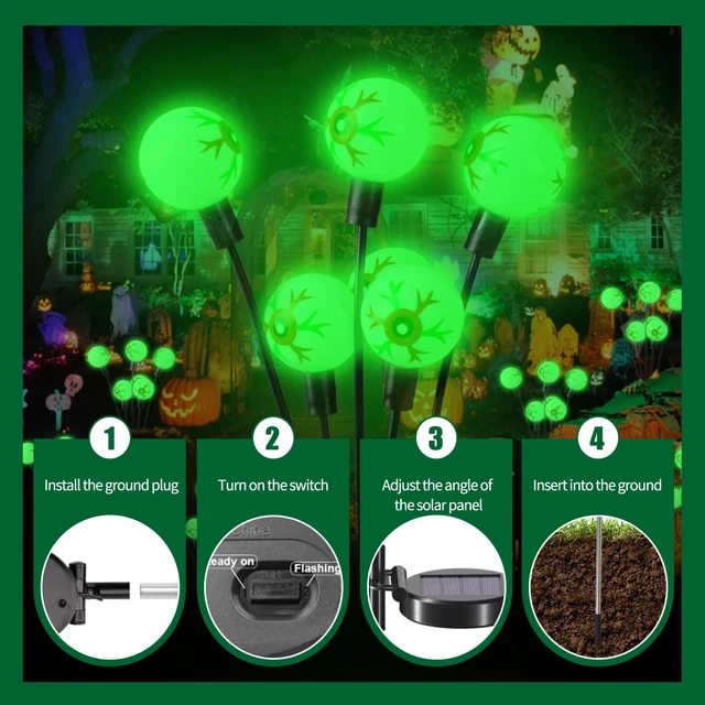 Alt view image 6 of 7 - Solar Halloween Lights, 2 Pack, 12LED Green Eyeball Swaying Lamps | Outdoor Halloween Decorations, Garden Decor, Yard, Lawn, Party Decorations