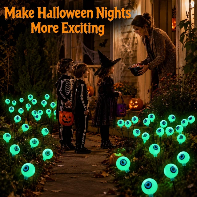Alt view image 4 of 7 - Halloween Solar Scary Eyeball Pathway Lights: 2 Pack 16 LEDs | 27.5In, IP65 Waterproof,Halloween Decor, Green Eyeball Swaying Lights, Solar Path Lights for Garden/Patio/Party Decor