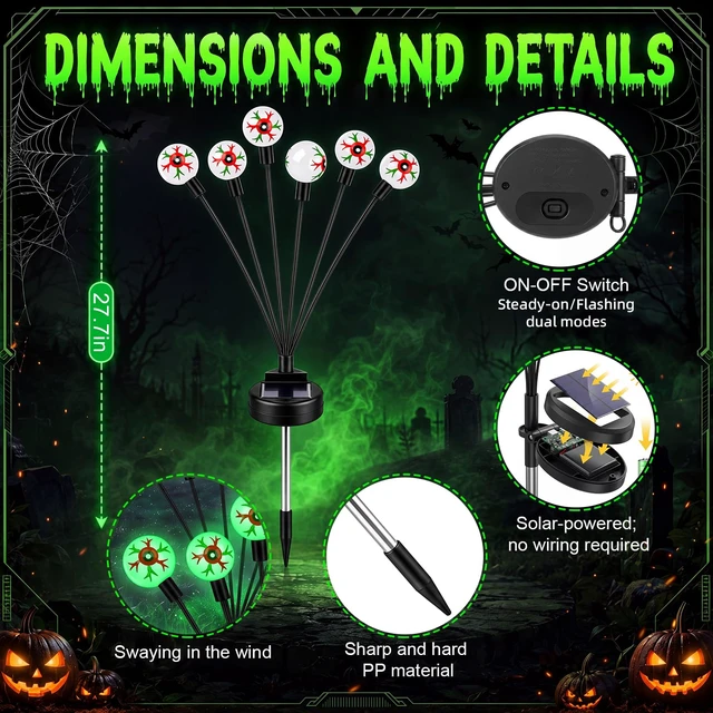 Alt view image 2 of 7 - 4 Pack Halloween Decorations Outdoor Solar Eyeball Lights | 24 LED Green Glow, 2 Modes, Waterproof Halloween Solar Lights, Green Eyeball Path Lights for Garden Lawn Yard Pathway