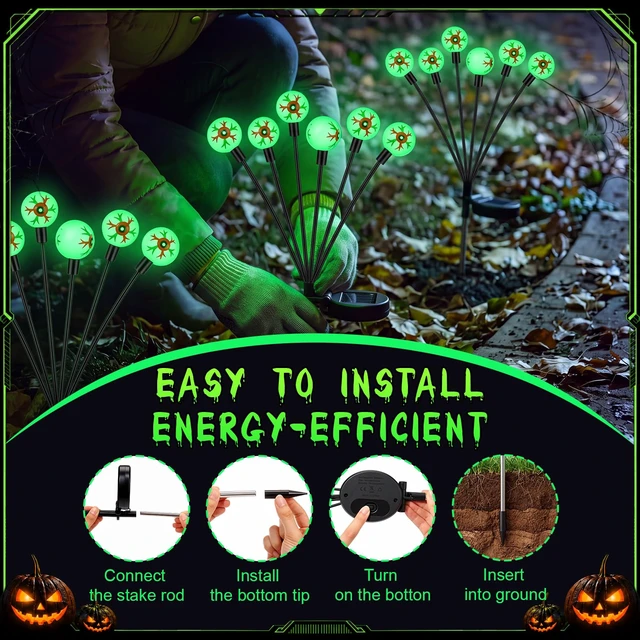 Alt view image 3 of 7 - 4 Pack Halloween Decorations Outdoor Solar Eyeball Lights | 24 LED Green Glow, 2 Modes, Waterproof Halloween Solar Lights, Green Eyeball Path Lights for Garden Lawn Yard Pathway