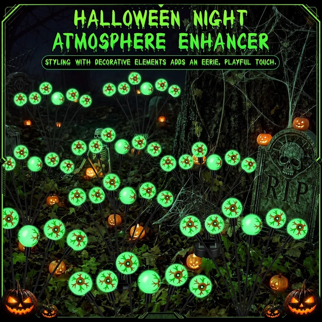 Alt view image 4 of 7 - 4 Pack Halloween Decorations Outdoor Solar Eyeball Lights | 24 LED Green Glow, 2 Modes, Waterproof Halloween Solar Lights, Green Eyeball Path Lights for Garden Lawn Yard Pathway