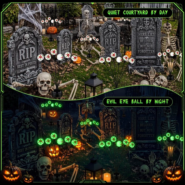 Alt view image 5 of 7 - 4 Pack Halloween Decorations Outdoor Solar Eyeball Lights | 24 LED Green Glow, 2 Modes, Waterproof Halloween Solar Lights, Green Eyeball Path Lights for Garden Lawn Yard Pathway