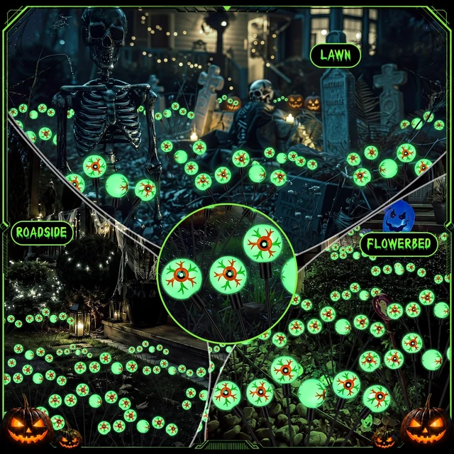 Alt view image 6 of 7 - 4 Pack Halloween Decorations Outdoor Solar Eyeball Lights | 24 LED Green Glow, 2 Modes, Waterproof Halloween Solar Lights, Green Eyeball Path Lights for Garden Lawn Yard Pathway