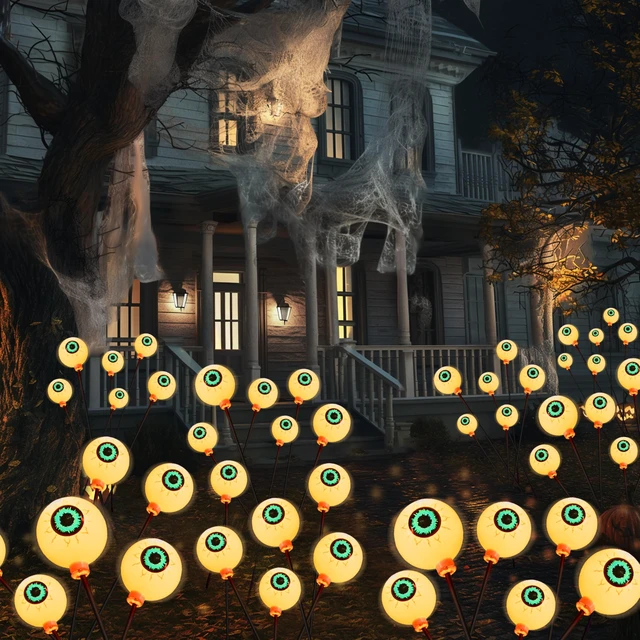 Alt view image 7 of 7 - Halloween Decorations Outdoor Solar Scary Eyeball Lights, 8 Pcs 48LEDs Warm Pathway Yard Stakes, Waterproof Firefly Lights for Halloween Graveyard Yard Garden Patio Walkway Party