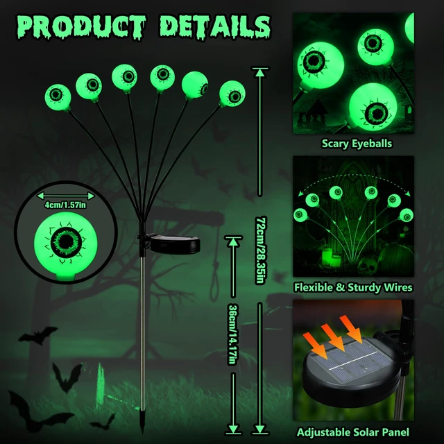 Alt view image 4 of 7 - Outdoor Halloween Lights 6 Pack Solar Green Eyeball Pathway Lights | 36 LED; 2 Modes; Waterproof; Swaying Solar Powered Halloween Lights Outside Yard Lawn Path Walkway Garden Lighting Decor