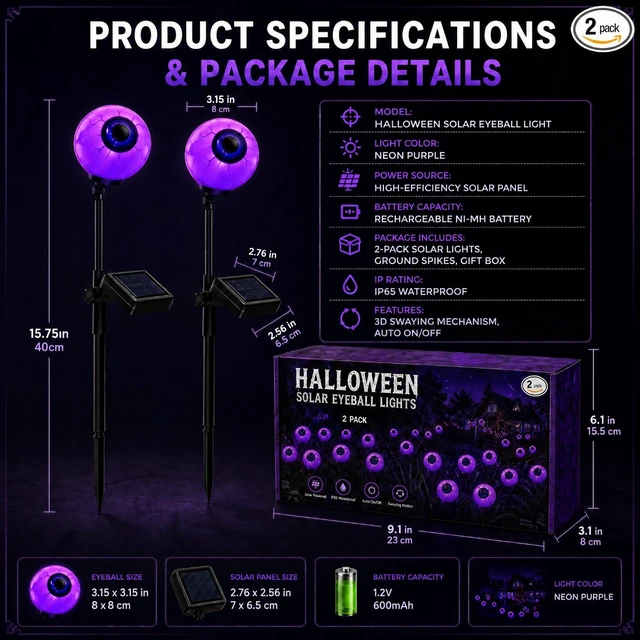 Alt view image 2 of 7 - 2 PCS 12Halloween Decorations Outdoor Solar Scary Eyeball Lights (Purple) | LED Purple-Waterproof Solar Halloween Path Lights for Garden/Yard/Patio/Party Decor