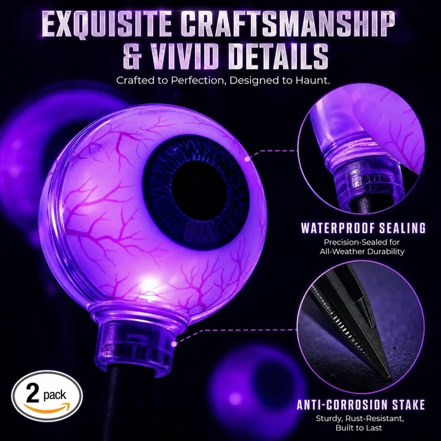 Alt view image 3 of 7 - 2 PCS 12Halloween Decorations Outdoor Solar Scary Eyeball Lights (Purple) | LED Purple-Waterproof Solar Halloween Path Lights for Garden/Yard/Patio/Party Decor