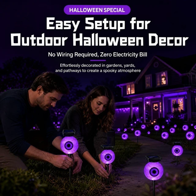 Alt view image 6 of 7 - 2 PCS 12Halloween Decorations Outdoor Solar Scary Eyeball Lights (Purple) | LED Purple-Waterproof Solar Halloween Path Lights for Garden/Yard/Patio/Party Decor