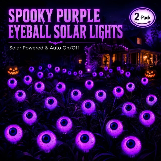 Alt view image 7 of 7 - 2 PCS 12Halloween Decorations Outdoor Solar Scary Eyeball Lights (Purple) | LED Purple-Waterproof Solar Halloween Path Lights for Garden/Yard/Patio/Party Decor