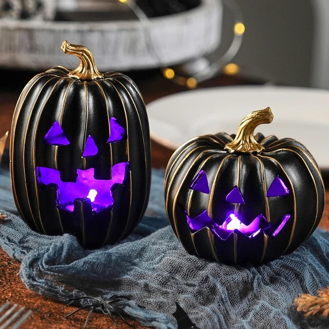 Main image of Light Up Black Jack O Lantern Pumpkins for Indoor Halloween Decor | 2Pcs Resin Halloween Pumpkins with Gold Lines, Small LED Pumpkins with Purple Light for Spooky Table Decor (Battery Operated)