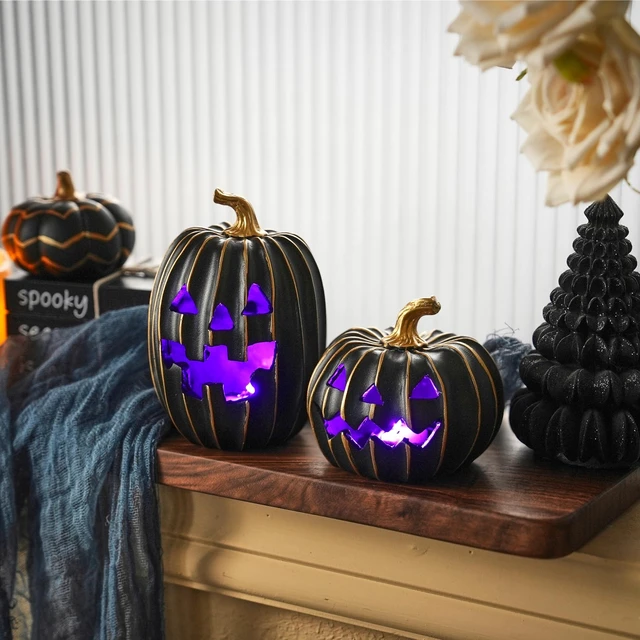 Alt view image 3 of 7 - Light Up Black Jack O Lantern Pumpkins for Indoor Halloween Decor | 2Pcs Resin Halloween Pumpkins with Gold Lines, Small LED Pumpkins with Purple Light for Spooky Table Decor (Battery Operated)