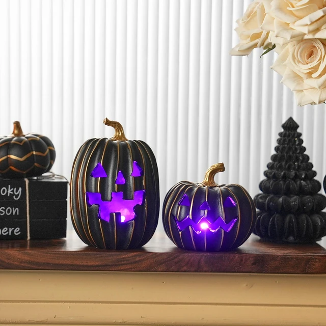 Alt view image 5 of 7 - Light Up Black Jack O Lantern Pumpkins for Indoor Halloween Decor | 2Pcs Resin Halloween Pumpkins with Gold Lines, Small LED Pumpkins with Purple Light for Spooky Table Decor (Battery Operated)