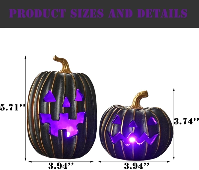 Alt view image 6 of 7 - Light Up Black Jack O Lantern Pumpkins for Indoor Halloween Decor | 2Pcs Resin Halloween Pumpkins with Gold Lines, Small LED Pumpkins with Purple Light for Spooky Table Decor (Battery Operated)