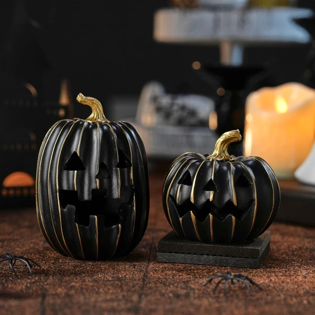 Alt view image 7 of 7 - Light Up Black Jack O Lantern Pumpkins for Indoor Halloween Decor | 2Pcs Resin Halloween Pumpkins with Gold Lines, Small LED Pumpkins with Purple Light for Spooky Table Decor (Battery Operated)
