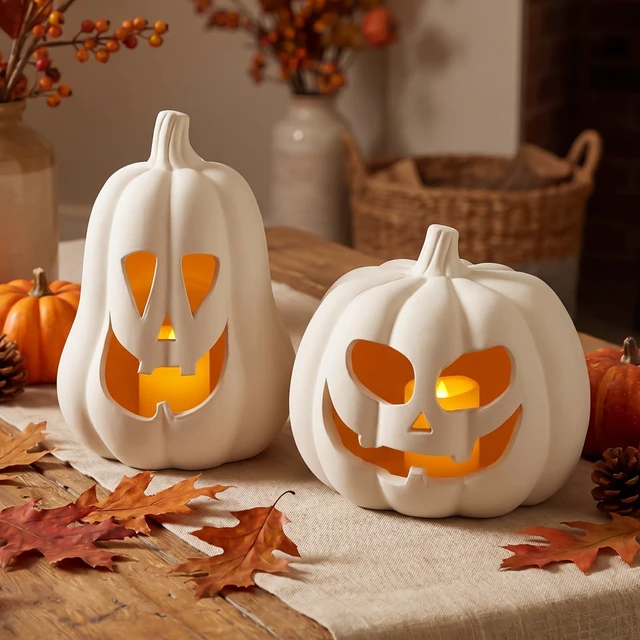 Main image of Halloween Decor Terracotta Jack O Lantern Pumpkin Decor,Beige | 2 Pack Terracotta Pumpkin, 7.1" 5.9" H Clay Pumpkin Decoration, Fall Decor, Halloween Tealight Holder for Indoor Outdoor