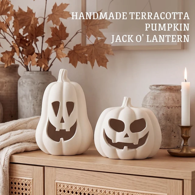 Alt view image 3 of 7 - Halloween Decor Terracotta Jack O Lantern Pumpkin Decor,Beige | 2 Pack Terracotta Pumpkin, 7.1" 5.9" H Clay Pumpkin Decoration, Fall Decor, Halloween Tealight Holder for Indoor Outdoor
