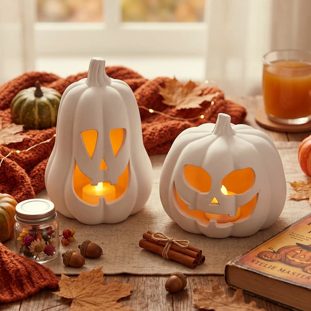 Alt view image 4 of 7 - Halloween Decor Terracotta Jack O Lantern Pumpkin Decor,Beige | 2 Pack Terracotta Pumpkin, 7.1" 5.9" H Clay Pumpkin Decoration, Fall Decor, Halloween Tealight Holder for Indoor Outdoor