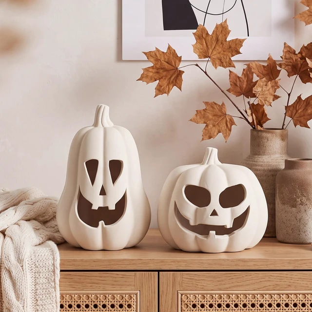 Alt view image 5 of 7 - Halloween Decor Terracotta Jack O Lantern Pumpkin Decor,Beige | 2 Pack Terracotta Pumpkin, 7.1" 5.9" H Clay Pumpkin Decoration, Fall Decor, Halloween Tealight Holder for Indoor Outdoor