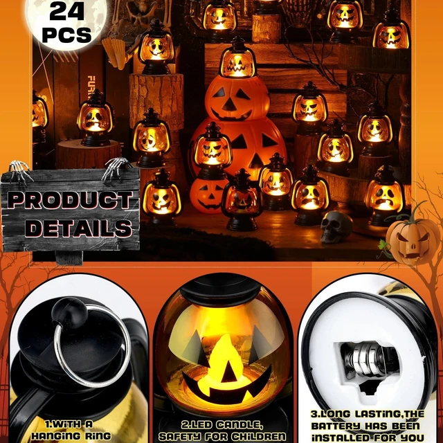 Alt view image 2 of 7 - 24 Pcs Halloween Mini Pumpkin Lantern 3.54" Jack O Lantern | Halloween Table Centerpiece, Hanging Decoration Bulk, Light up Lamp with Flickering LED Candle, Indoor Outdoor Party Decor