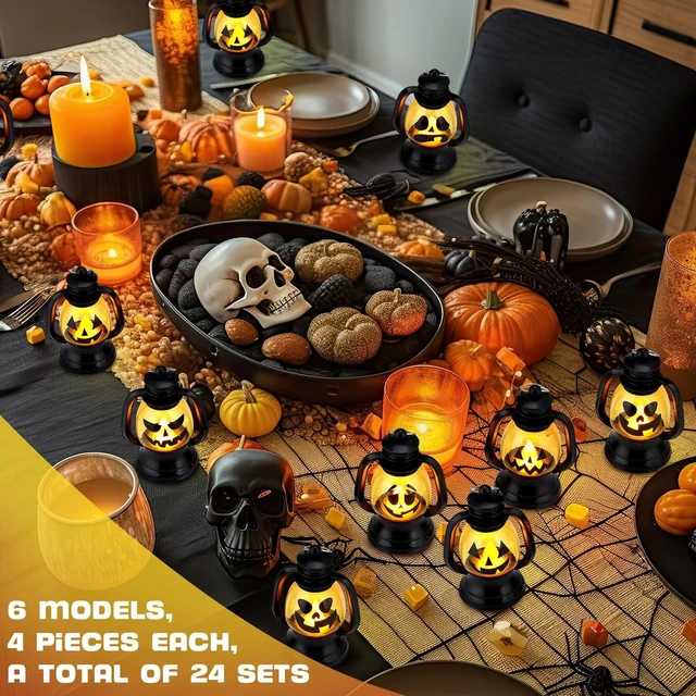 Alt view image 4 of 7 - 24 Pcs Halloween Mini Pumpkin Lantern 3.54" Jack O Lantern | Halloween Table Centerpiece, Hanging Decoration Bulk, Light up Lamp with Flickering LED Candle, Indoor Outdoor Party Decor