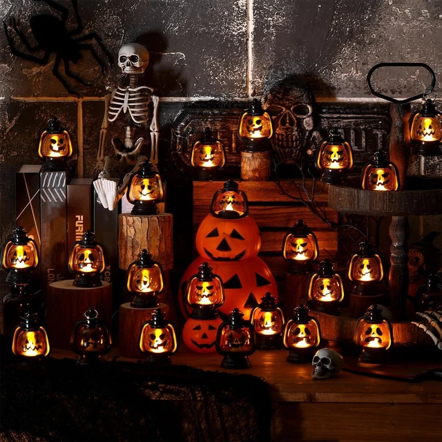 Alt view image 7 of 7 - 24 Pcs Halloween Mini Pumpkin Lantern 3.54" Jack O Lantern | Halloween Table Centerpiece, Hanging Decoration Bulk, Light up Lamp with Flickering LED Candle, Indoor Outdoor Party Decor