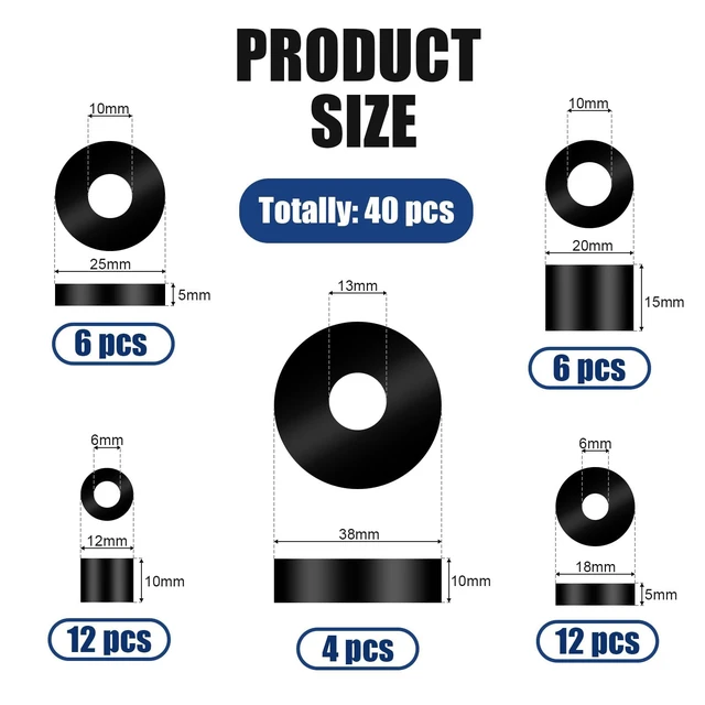 Alt view image 2 of 6 - 40 Pcs Thick Rubber Spacer 5 Sizes Multi Purpose Black Round Rubber Washers Anti Vibration Isolation Pads Bushings for Home Industrial Machinery Car Bolts Screws