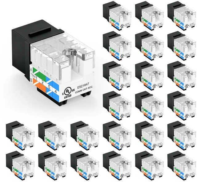 Main image of UL Listed Cat6 Keystone Jacks 10Gbps 25-Pack, Black | Slim Profile RJ45 Keystone Jacks, 90 Degree Punch Down, ideal for Patch Panel and Wall Plate