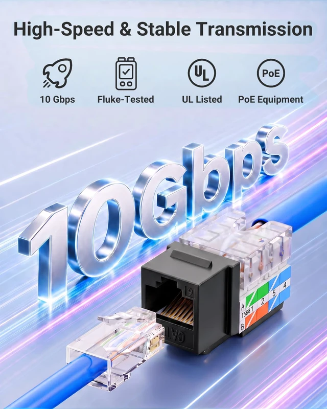 Alt view image 2 of 7 - UL Listed Cat6 Keystone Jacks 10Gbps 25-Pack, Black | Slim Profile RJ45 Keystone Jacks, 90 Degree Punch Down, ideal for Patch Panel and Wall Plate