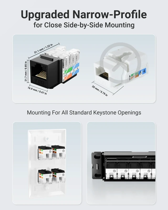 Alt view image 4 of 7 - UL Listed Cat6 Keystone Jacks 10Gbps 25-Pack, Black | Slim Profile RJ45 Keystone Jacks, 90 Degree Punch Down, ideal for Patch Panel and Wall Plate