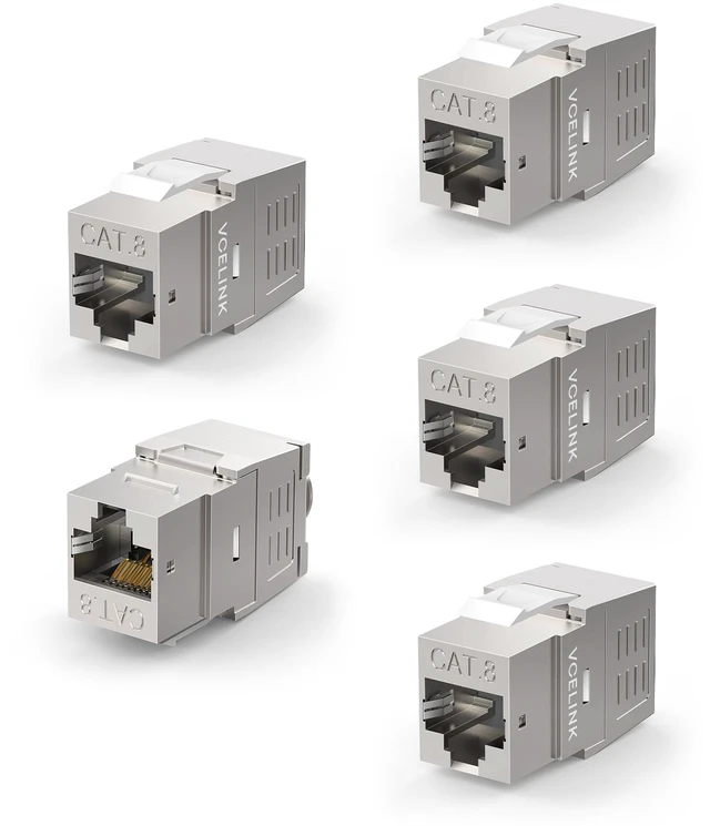 Main image of RJ45 Cat8 Shielded Keystone Jack, 40Gbps 180-Degree Easy Toolless Jack | PoE for 22 to 24 AWG Solid or Stranded S/FTP Ethernet Cable, Silver. For High-speed Network.