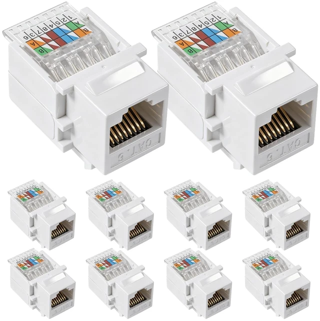 Main image of Cat6 Cat5e RJ45 Keystone Jack, Tool-Less No Punch-Down Required, 568A/568B Wiring, Gold Plated Contacts, White, 10-Pack