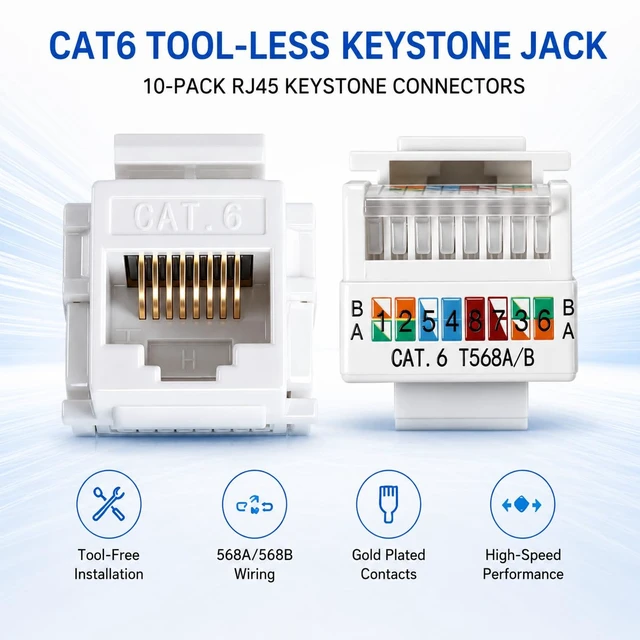 Alt view image 4 of 6 - Cat6 Cat5e RJ45 Keystone Jack, Tool-Less No Punch-Down Required, 568A/568B Wiring, Gold Plated Contacts, White, 10-Pack