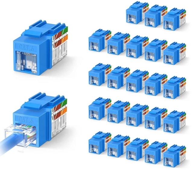 Main image of Cat6 Keystone Jacks with Dust-Proof Cover, Blue, 25-Pack | Dust-Proof, Slim Profile, 90-Degree Punch Down, UTP Ethernet Modular