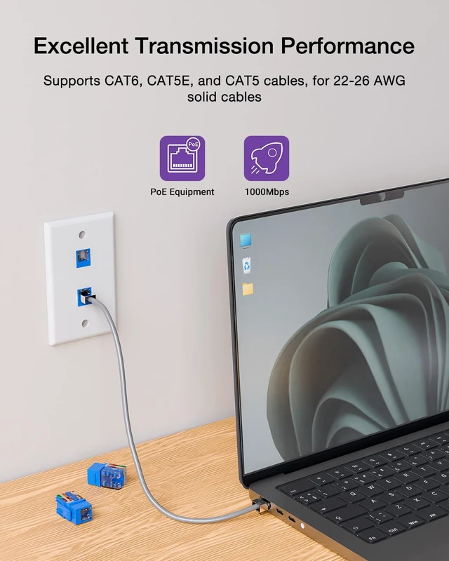 Alt view image 5 of 7 - Cat6 Keystone Jacks with Dust-Proof Cover, Blue, 25-Pack | Dust-Proof, Slim Profile, 90-Degree Punch Down, UTP Ethernet Modular
