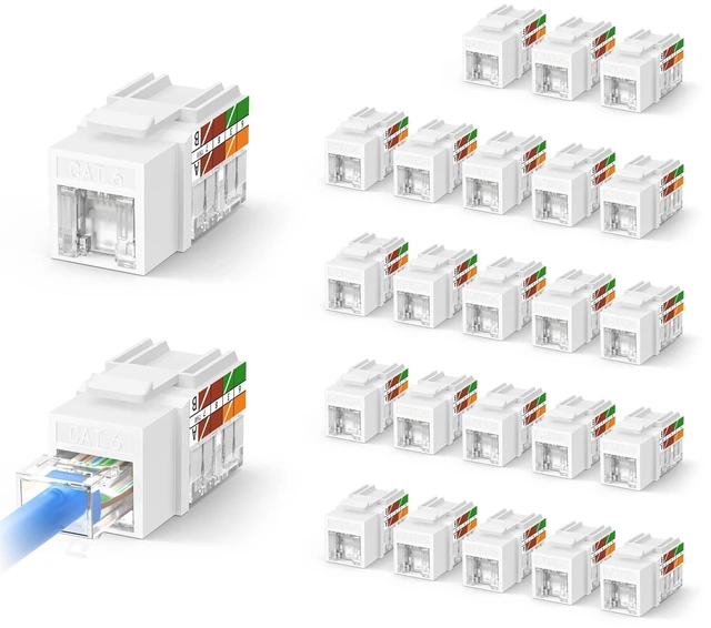 Main image of Cat6 Keystone Jacks with Dust-Proof Cover, White, 25-Pack | Dust-Proof, Slim Profile, 90-Degree Punch Down, UTP Ethernet Modular