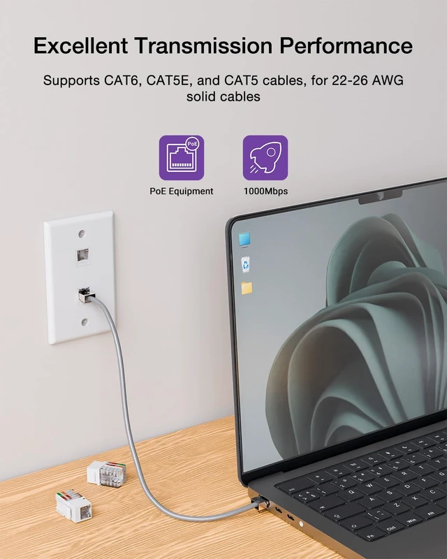 Alt view image 5 of 7 - Cat6 Keystone Jacks with Dust-Proof Cover, White, 25-Pack | Dust-Proof, Slim Profile, 90-Degree Punch Down, UTP Ethernet Modular