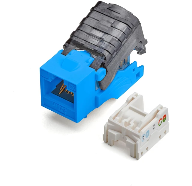 Main image of Cat6A Toolless Keystone Jack, Unshielded (UTP), PoE++ (4PPoE) 100W, UL Listed, ETL Verified, ANSI/TIA Certified, Modular RJ45 Female, Blue, 2 Pack