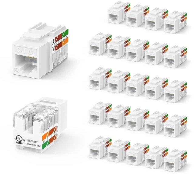 Main image of RJ45 UL Listed Cat6A Keystone Jack 25-Pack, 10 Gbps Slim Profile Jacks | Slim Profile, UL Listed for superior safety, 90 Degree Punch Down, ideal for Patch Panel and Wall Plate