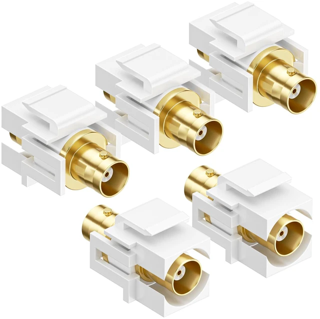 Main image of 5-Pack Gold-Plated BNC Keystone Jack Inserts, White | BNC Female-to-Female Coupler, Gold-Plated Contacts, Wall Plate Compatible